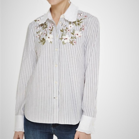 Kate Spade, striped embroidered ruffle collar and cuffs button down shirt - Picture 3 of 11